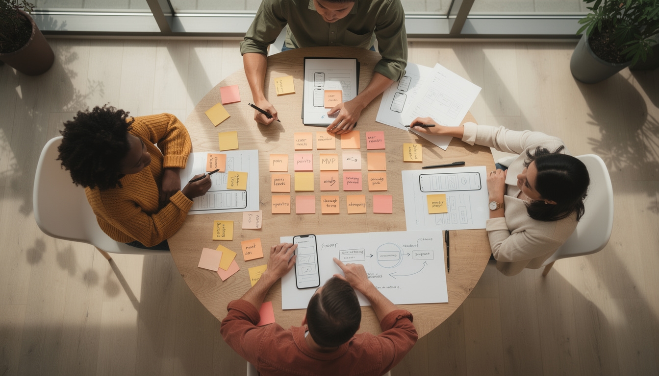 Grupo de propietarios de negocios en taller de experiencia de usuario con post-its y diagramas
